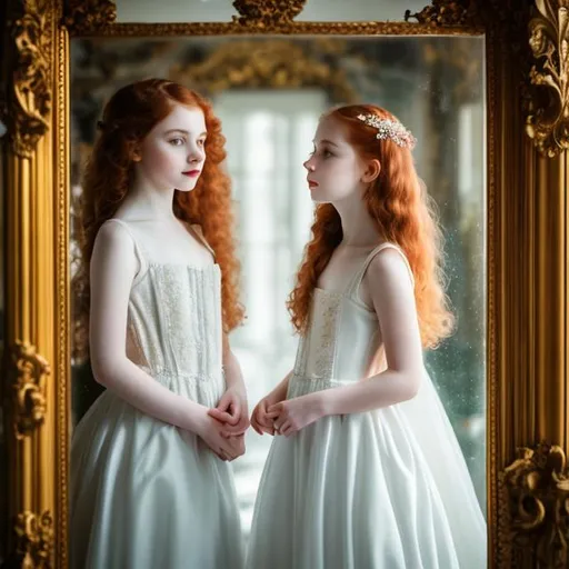 Prompt: Two girls, red hair, long and curly, pale skin, tall, separeted by a glass mirror
18th century aesthetic, ,analog filter, perfect composition, hyperrealistic, super detailed, 8k, high quality, trending art, sharp focus, intricate details, highly detailed