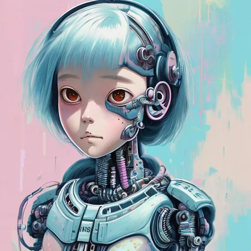 Prompt: cyborg girl pastel colors in the style of hayao miyazaki

