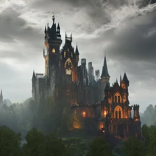 Prompt: A haunted castle with hundreds of long narrow towers, gothic windows, spider webs hanging down, looking like a true realistic photo, high quality