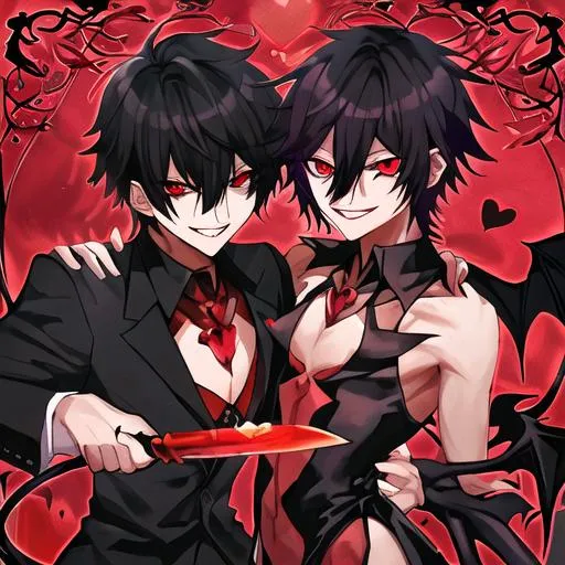 Prompt: Damien (male, short black hair, red eyes), demon form, grinning seductively, holding a knife, hearts around him
