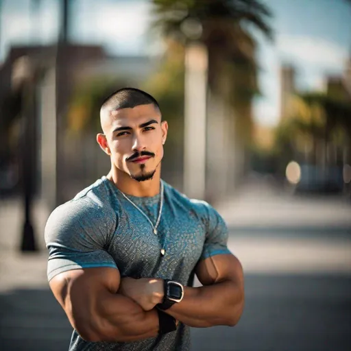 Prompt: Pretty and muscular 20-year old Latino man, large muscles, buzz cut, thin mustache, wearing an embroidered shirt, cool tones, natural lighting. posing in a double-bicep flexing pose, cool tones, professional looking. 