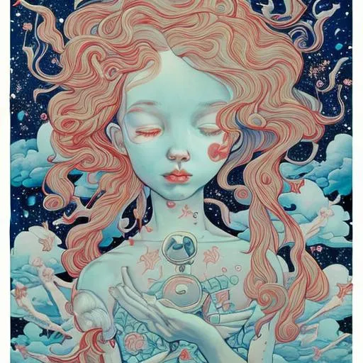 in the style of james jean, a young girl in heaven