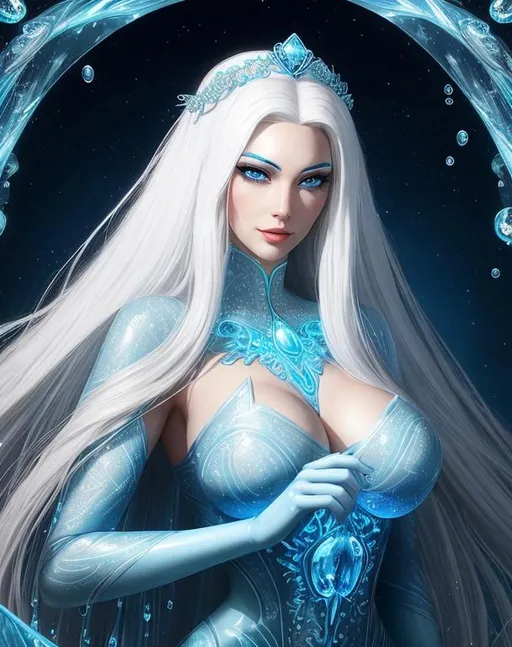 Prompt: A beautiful 25 ft tall 30 year old ((British)) Water elemental Queen with light skin and a beautiful face. She has long white hair and white eyebrows. She wears a beautiful slim blue dress. She has brightly glowing blue eyes and water droplet shaped pupils. She wears a blue tiara on her head. She has a blue aura around her. She is looking at you. Her bright glowing blue eyes peer down at you. She is smiling. Beautiful scene art. Scenic view. Full body art. {{{{high quality art}}}} ((goddess)). Illustration. Concept art. Symmetrical face. Digital. Perfectly drawn. A cool background. Five fingers. Full body view. No portrait. No black background. Front view