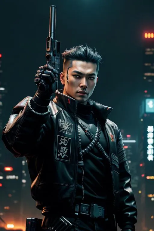 Prompt: Cyberpunk, robot, looking at camera, dark lighting, machine, Holding Gun up, looking at camera, 8K, HD, Male, samurai, gun, posing, arms up