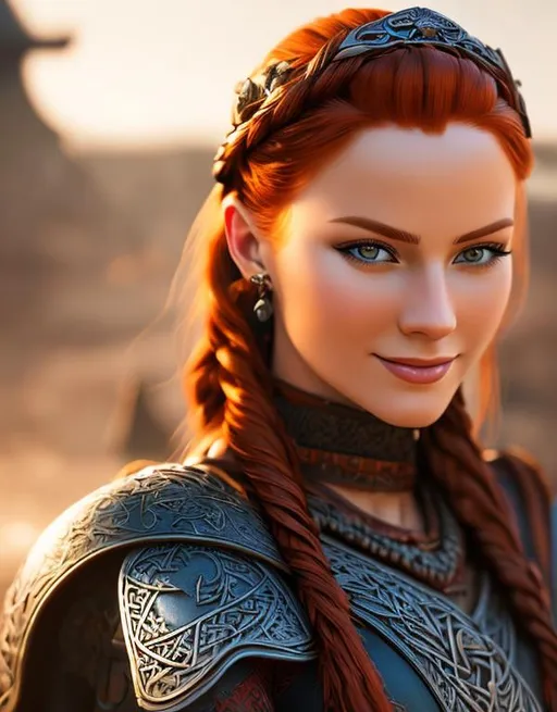 Prompt: highest quality stylized viking woman masterpiece, red hair, award-winning 3d oil painting art, perfect anatomy in perfect composition, long shot, hyper-realistic photography, intricate, 64k, UHD, HDR, (intricate eyes), extraordinary lips, smile, gorgeous eyelashes, highly detailed face, hyper-realistic facial features, cinematic 3d volumetric, dramatic lighting with backlit backlight, by Julia Razumova