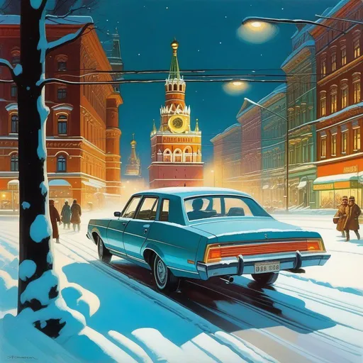 Prompt: 1970s, Moscow at night, car chase, snow, cold atmosphere, cartoony style, extremely detailed painting by Greg Rutkowski and by Henry Justice Ford and by Steve Henderson