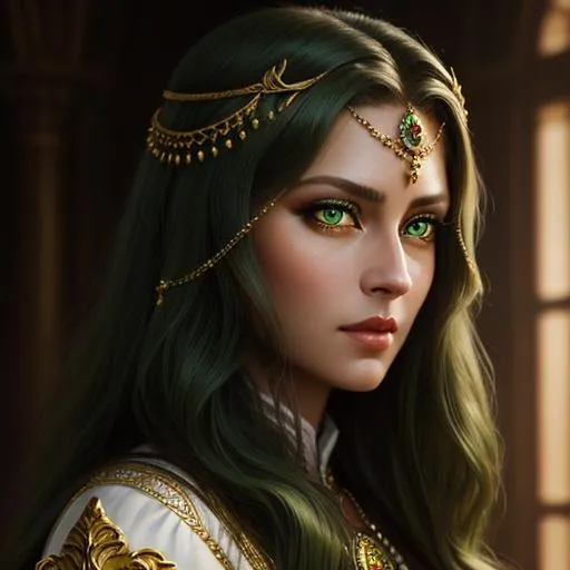 Prompt: {{{{highest quality concept art masterpiece}}}} high quality, beautiful female noble, powerful and greedy, oil painting, Very detailed,  clear visible face,  yellow eyes, big huge green eyes, 40 years old