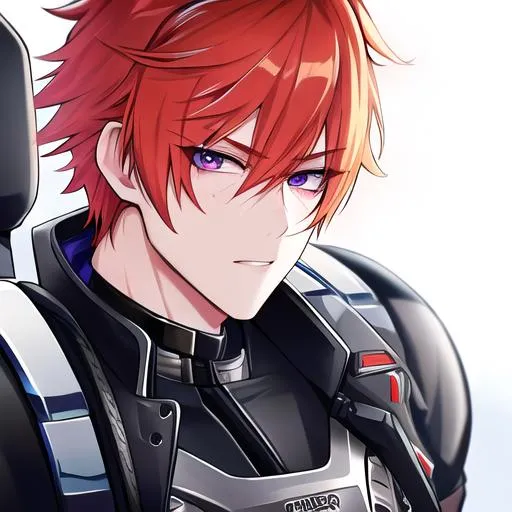 Prompt: Erikku male (short ginger hair, freckles, right eye blue left eye purple) UHD, 8K, Highly detailed, insane detail, best quality, high quality, Upset, muscular, riding a motorcycle