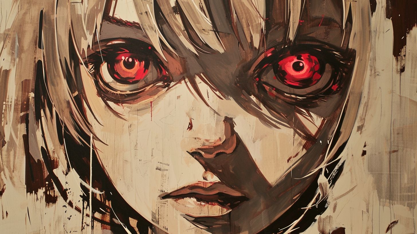 Prompt: oilpaint on carboard grooves of a anime girl with big red eyes, in the style of dark maroon and light beige, horror-inspired, clamp, exaggerated facial features, dark beige and crimson, alex ross, animated exuberance