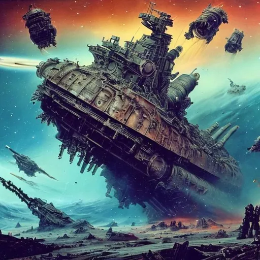 Prompt: space ship wrecks dead astronaut many colours epic fantastic extreme   war battle long ago ancient orbiting dead city planet 