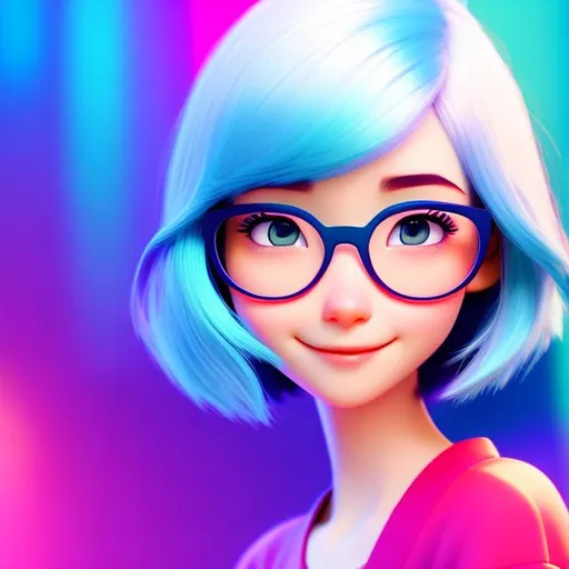 Prompt: Disney, Pixar art style, CGI, thin pale girl, asian, pink hair and blue hair, dark thin eyes, big round glasses