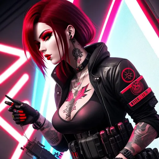 Prompt: A cyberpunk tattooed woman with baddie vibes covered in tattoos, dark red hair, military black, shadow soldier, futuristic, neon, dystopia, cybernetic