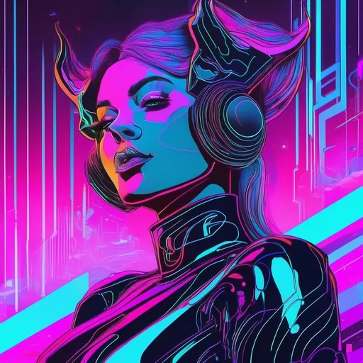 Prompt: a beautiful female demon in a dynamic pose in a retro futuristic synthwave neon paradise.  neon lighting, high quality, beautiful, masterpiece, artistic, synthwave, cyber, retro, futuristic