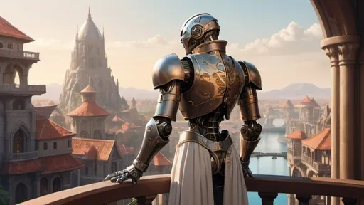 Prompt: a warforged automaton stands with back to camera on a large round balcony with a solid railing looking out over a fantasy city paradise during the age of arcanum 