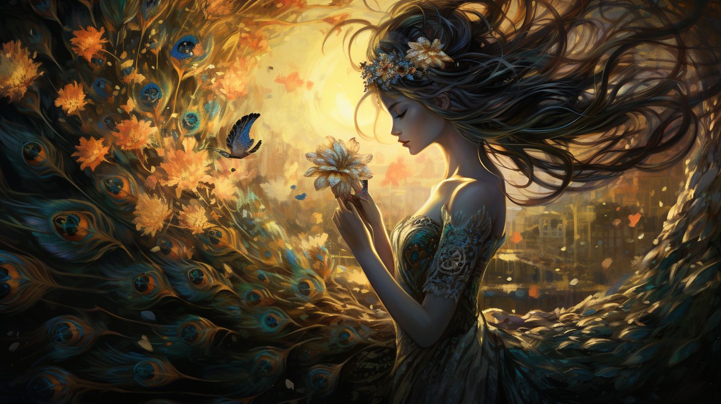 Prompt: A world divided by sunlight and moonlight is the backdrop for a unique encounter. A being shimmering with sunlight, adorned with glowing feathers, meets a figure crafted from the essence of the night. They stand amidst a field of radiant and shadowy blooms, sharing a moment of understanding.