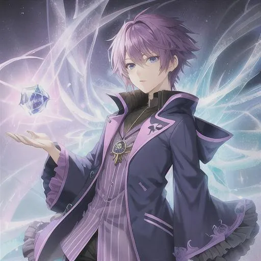 Prompt: Anime wizard, short purple hair, navy blue eyes, ice magic, icy rose clothes 