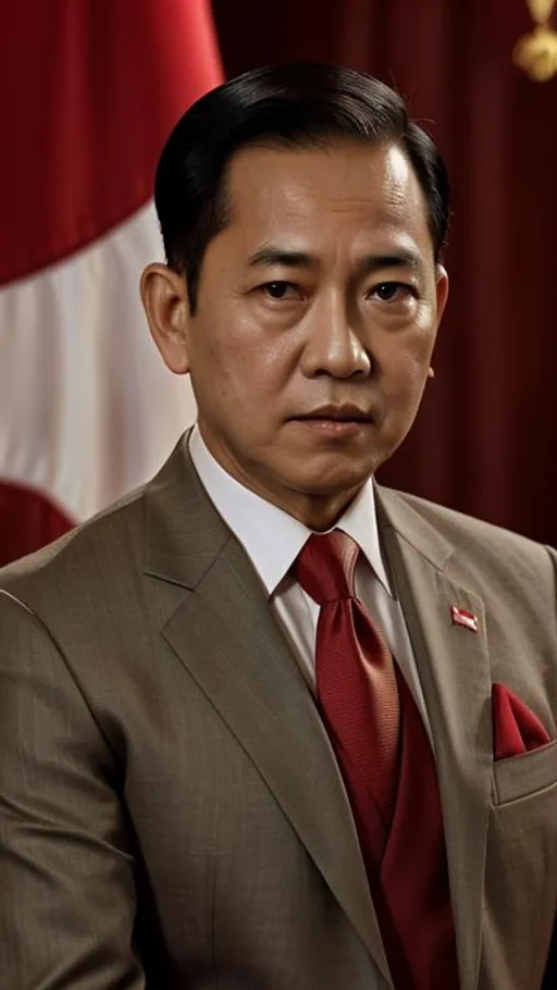 Prompt: Realistic photo of President Soekarno, dashing, handsome, suit, red tie, red and white Indonesian flag in the background, Asian face, portrait shot