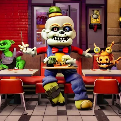 Prompt: five night's at freddys sitting in a chucky cheese restaurant, octane render, ultra detail, ultra realistic, 8 k