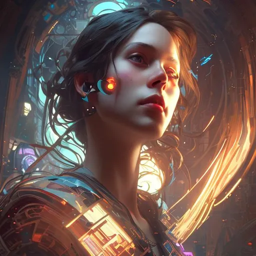 Prompt: A beautiful hacker who is coding with laptop, , 8k resolution concept art portrait by WLOP, Alphonse Mucha dynamic lighting hyperdetailed intricately detailed Splash art trending on Artstation triadic colors Unreal Engine 5 volumetric lighting