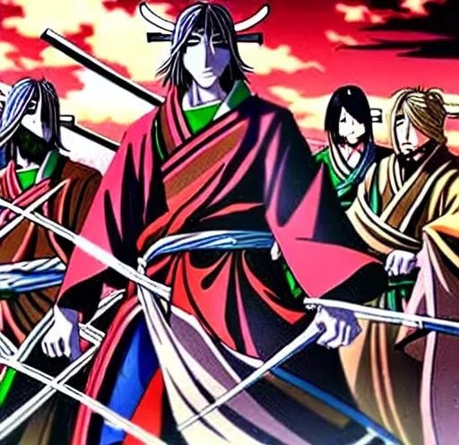 Prompt: Anime war scene graphic High detail Samurai warrior crusaders with Jesus Christ as depicted in the book of  revaltion coming out of heaven one side is the gathering of The chosen to ride victory against the enemy Satan and his fallen cyberpunk ninjas on the opposite side 