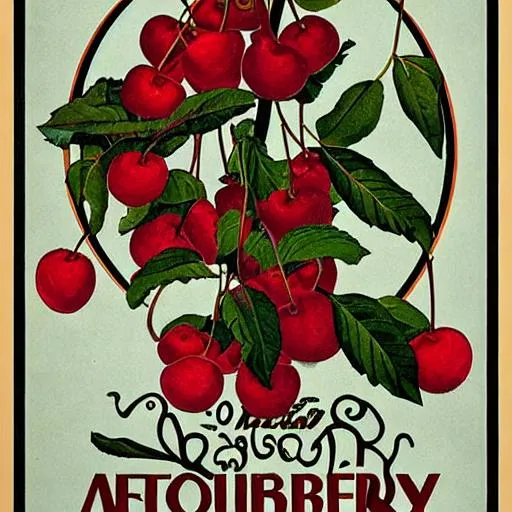Prompt: Ad, cherries, cherry tree, art nouveau, art deco, poster, text