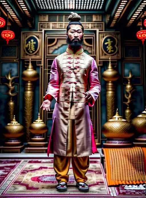 Prompt: A captivating image emerges - a bearded Asian man donning a unique fusion of Eastern and Western attire. His long necktie adds a touch of formality, while his overcoat robe makes his outfit look like a business suit. He radiates strength, resembling a terra cotta warrior. The scene is set amidst the backdrop of domed buildings, evoking a realistic and picturesque landscape. The photograph captures the essence of this intriguing blend, inviting viewers to delve deeper into the fusion of cultures.