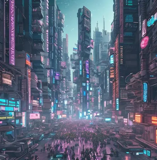 Prompt: Cyberpunk city  realistic crowded with people and robots 20k 