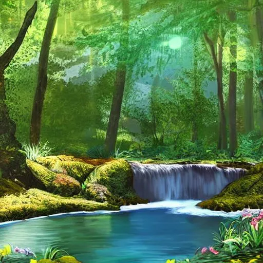 Prompt: Create a digital painting of a serene forest clearing, with sunlight streaming through the trees and casting dappled shadows on the ground. In the center of the clearing, there is a small waterfall cascading into a crystal-clear pool. In the foreground, include a deer drinking from the pool, and a butterfly fluttering nearby.