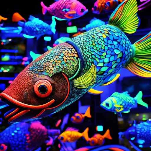 Prompt: Glowing advertising sign of guppies, vibrant neon lights, underwater theme, detailed fish scales, high-tech futuristic design, colorful illumination, dynamic and lively, commercial art installation, best quality, neon, vibrant colors, underwater, futuristic, detailed scales, high-tech, dynamic, commercial art, colorful lighting