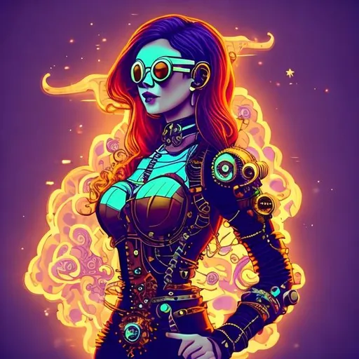 Prompt: technology steampunk woman sunset purple blue red teal fire no hands happy 