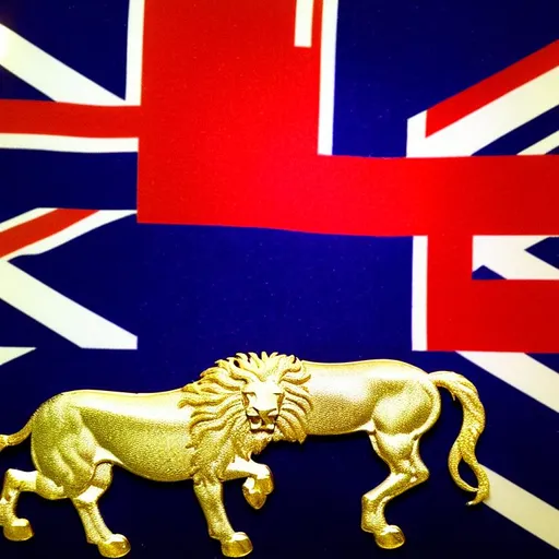 Prompt: british flag design with horse and lion crests designed using gold and silver gilded crystal stones made with blue white red sequins