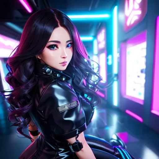 Prompt: cyberpunk Pokimane, black leather dress, black boots, red handbag,  dim lights, shiny skin, anime character, wavy hair, detailed, vibrant, anime face, sharp focus, character design, wlop, artgerm, kuvshinov, character design, unreal engine, beautiful modern bedroom, realistic and natural, cosmic sky, detailed full-color, nature, hd photography, fantasy by john stephens, galen rowell, david muench, james mccarthy, hirō isono, realistic surrealism, elements by nasa, magical, detailed, fake plants, gloss, hyperrealism