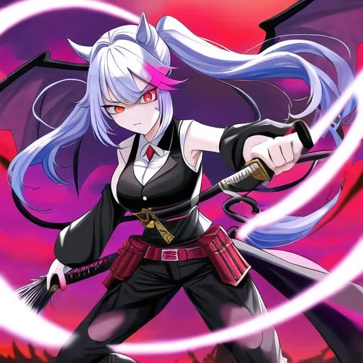 Prompt: Haley  as a demon (multi-color hair) (multi-color eyes)(she has horse ears) holding a katana, fighting, in a gunfight, bullets flying, fighting in a rural area, angry, (demon tail), (demon wings), lunging at the center, flying in the air