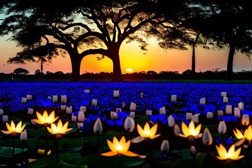 Prompt: Sunset on a field of glowing Sapphire blue lotuses around a large tree