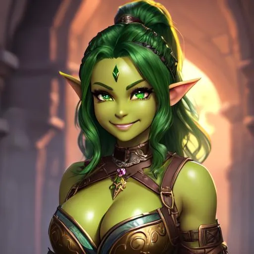 Prompt: oil painting, D&D fantasy, green-skinned-goblin girl, green-skinned-female, small, beautiful, short bright brown hair, wavy hair, smiling, pointed ears, extremely busty, huge cleavage, looking at the viewer, cleric wearing intricate adventurer outfit, #3238, UHD, hd , 8k eyes, detailed face, big anime dreamy eyes, 8k eyes, intricate details, insanely detailed, masterpiece, cinematic lighting, 8k, complementary colors, golden ratio, octane render, volumetric lighting, unreal 5, artwork, concept art, cover, top model, light on hair colorful glamourous hyperdetailed medieval city background, intricate hyperdetailed breathtaking colorful glamorous scenic view landscape, ultra-fine details, hyper-focused, deep colors, dramatic lighting, ambient lighting god rays, flowers, garden | by sakimi chan, artgerm, wlop, pixiv, tumblr, instagram, deviantart