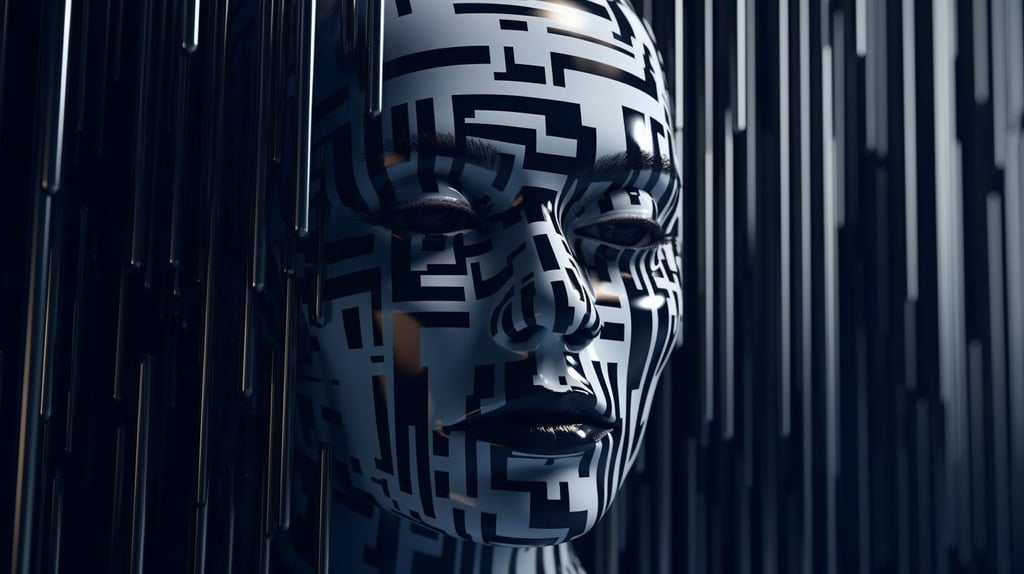 Prompt: 'face in the dark' image from the artist 'apollos tzavahniki', in the style of high-tech futurism, stop-motion animation, horizontal stripes, chrome reflections, light silver and dark navy, mind-bending patterns, futuristic robots
