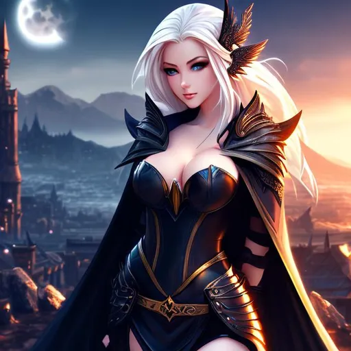 Prompt: Anime Splash art, full body beautiful busty elven woman, fantasy, medieval, blond hair, black dress, leather armor, cloak, leather, boots, cold colors, dark fantasy atmosphere, moon background, by wlop