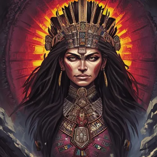 Prompt: aztec queen ruler portrait, crown, light, dawn, blood, intense, fierce expression, calm, smirk, fit woman, long black hair, colorful background,  sun ruler, glowing eyes, side view, queen, anime 