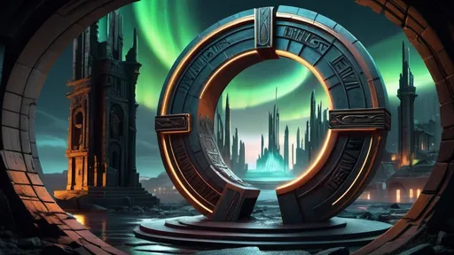 Prompt: magical portal between cities realms worlds kingdoms, circular portal, ring standing on edge, upright ring, freestanding ring, hieroglyphs on ring, complete ring, ruins, ancient roman architecture, atlantis city plaza setting, aurora borealis, panoramic view, dark night, futuristic cyberpunk tech-noir setting