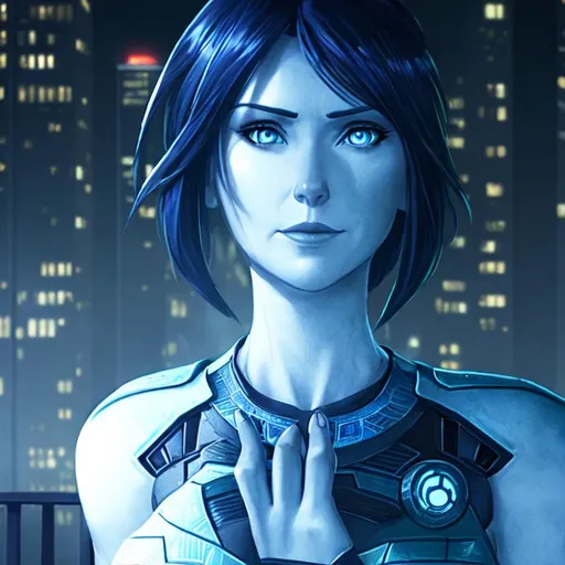 Prompt: Cortana sitting on a balcony overlooking a large city 