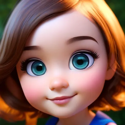 Prompt: Disney, Pixar art style, CGI, Girl with small round chubby face, dark brown almound shaped eyes, extremely pale face, Short very dark brown hair