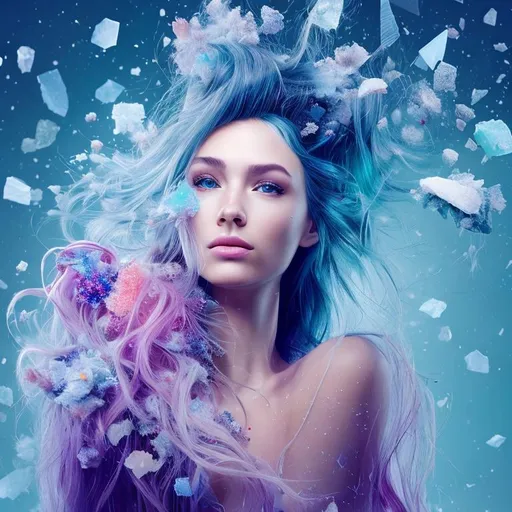 Prompt: Pretty girl with hair fragmenting crystals