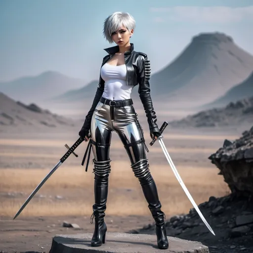 Prompt: Anime cyberpunk style, silver short hair and silver color eyes, hot body form, black shiny leather pants and long boots, long ancient katana, background wastlands.