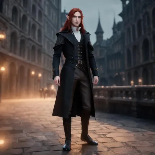 Prompt: male elf in medieval inspector clothes, black trench coat, black overcoat, long red hair standing character model, post render, male redhead elf, detailed face, elegant, mesmerizing , glorious, cinematic light, hd octane render, high resolution scan, masterpiece, hyperrealism, delicate detailed complex, sophisticated, vibrant colors, highly detailed, intricate detailed, volumetric lighting, light reflection