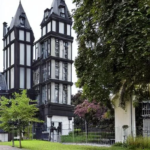 Prompt: A modern 3-storey gothic office building with clock tower, garden and black gates that Borders the building with busy road viewed from elevated grounds