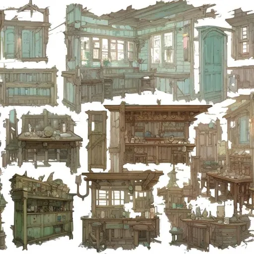 Prompt: prop design of a interior tavern pastel color values by demizu posuka