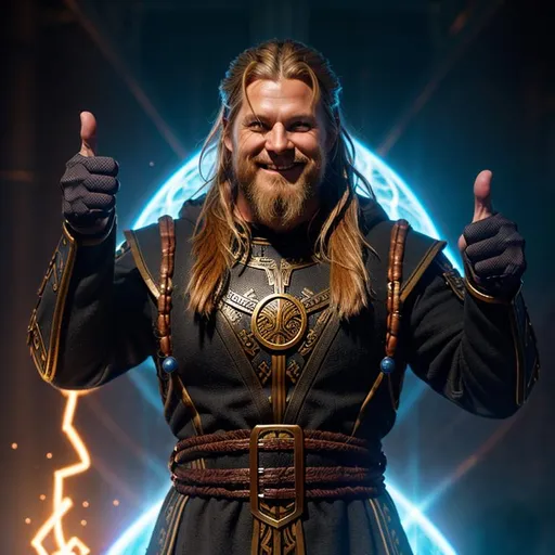 Prompt: Norse Viking themed Depiction of a science fiction psyker, Fusing technology and Dark Power, giving two thumbs up, has a big excited smile, "hold my beer", Dynamic Pose, real, alive, real skin textures, detailed symmetrical face, 
