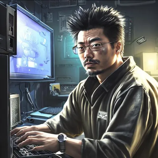 Prompt: a realistic portrait from musashi seated in front an old computer in a lan house playing counter strike