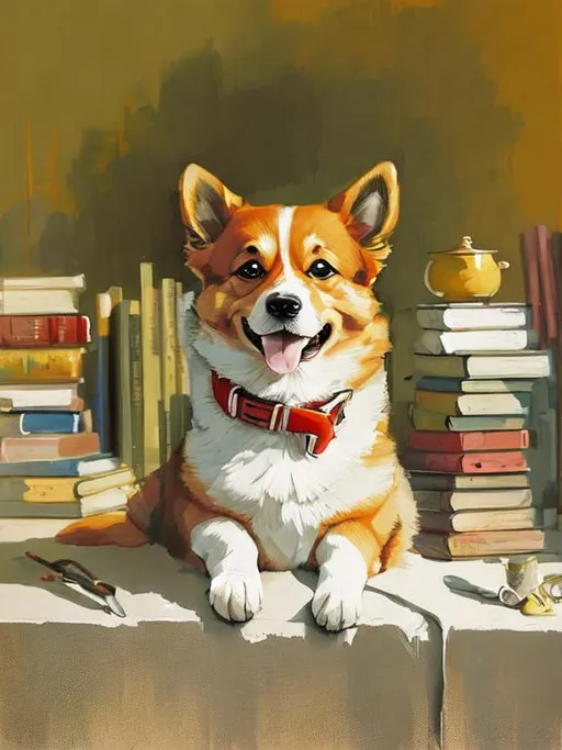 Prompt: Portrait of a corgi, smiling, red collar, realistic, oil painting, lighting, shadows, in a bookshop, wall of books, lots of books, hyper detailed