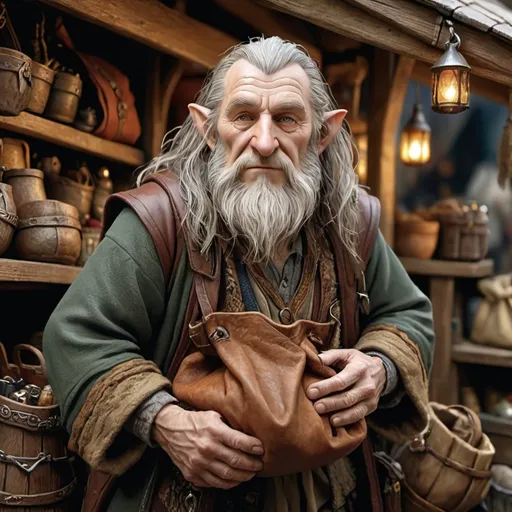 Prompt: Old hobbit merchant holding leather sack, in Warhammer Fantasy RPG style, detailed facial features, rich textures, cluttered market stall, intricate clothing patterns, high quality, fantasy, earthy tones, warm and cozy lighting